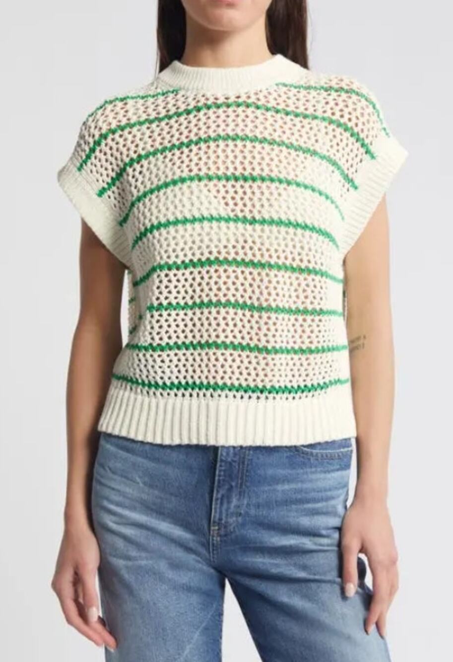 Madewell Striped Open-Stitch Sweater Vest Sz L White Green Crewneck Sheer Cotton